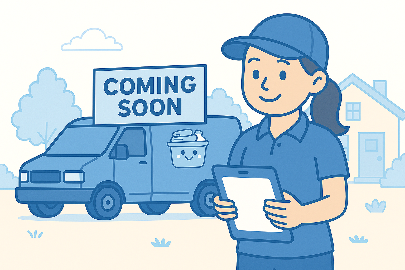 Smiling laundry delivery person holding clean laundry