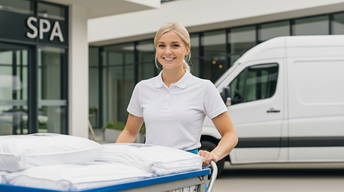 Smiling laundry delivery person delivering clean laundry