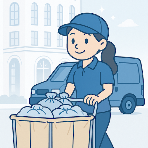 Smiling laundry delivery person holding clean laundry