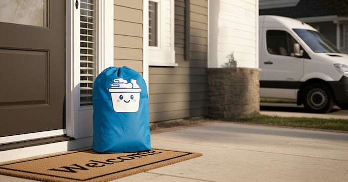 A bag of neatly folded laundry in a Laundry Buddies bag is delivered to the front door of a modern home.