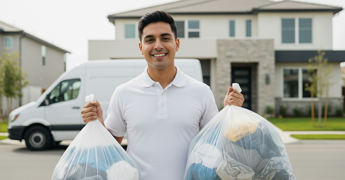 Smiling laundry delivery person holding clean laundry