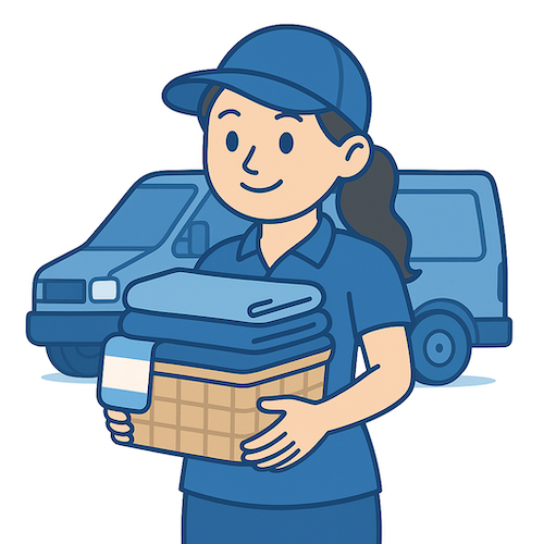 Smiling laundry delivery person holding clean laundry